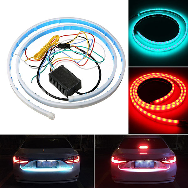 DC12V LED Car Tailgate Strip Light Universal LED Brake Reverse Rear Turn Signal Running Flowing Emergency Tail Strip Light Bar with Dual Color Waterproof Flexible Multifunction Driving